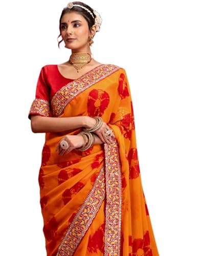 Image of SIRIL Women's Georgette Bandhani Printed Embroidery Lace Saree With Unstitched Blouse Piece