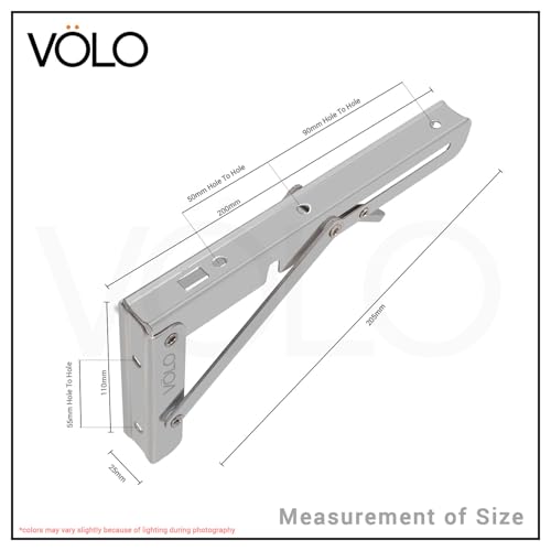 VOLO Stainless Steel Folding Bracket – 8 Inch (200mm) Heavy Duty 150 Kg Load Capacity, Silver Grey, Pack of 2 Pieces | Foldable Wall Shelf Bracket, L Angle Bracket for Fold Down Table with Fittings