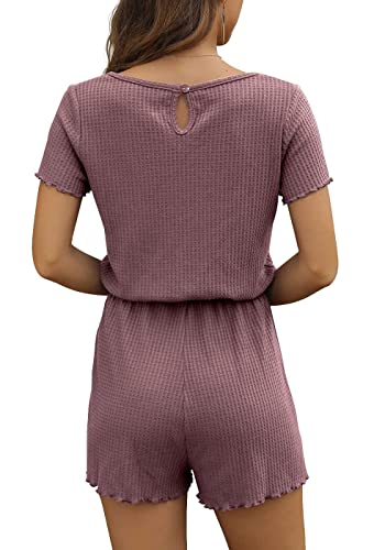Iwollence Red Rompers For Women Waffle Knit Notch Neck Summer Casual Beach Drawstring Shorts Jumpsuit Lettuce Trim Loungewear Rust Red Medium #TOP1