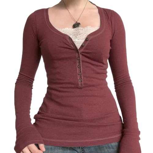 Y2k Fairy Grunge Shirts for Women Teens Long Sleeve Henley Tops Vintage Aesthetic 90s Outfits Clothes Streetwear (Half Button Wine Red, S)
