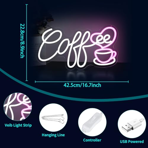 Image of Neon Sign, HSJNJKFU Coffee Neon Signs for Wall Decor White LED Light Sign for Cafe Room Shop Coffee Cup Bar Signs for Wall Decor Restaurant - USB Powered