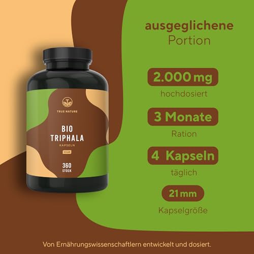 Bio Triphala - Hochdosiert mit 2.000mg (500mg je Kapsel) - 360 Kapseln - Premium Triphala Pulver aus Indien: Haritaki, Amalaki, Bibhitaki - Ohne Zusatzstoffe - Vegan, deutsche Produktion - TRUE NATURE – Bild 5