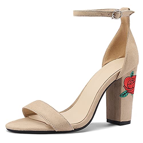 Gicoiz Women Classic Open Toe Embroidered Block Heel Sandals