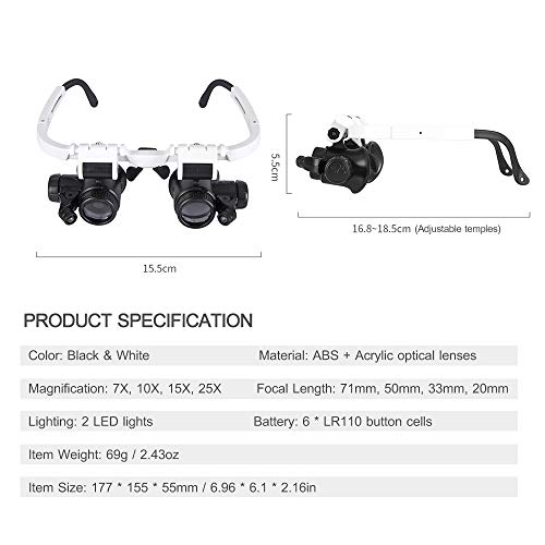 Lechnical Lupas de olhos binoculares Lupas de joias Estilo de Lupa Lupa com 2 luzes LED para joalhei