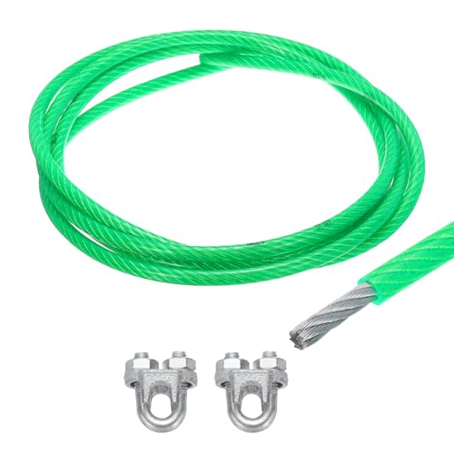 MECCANIXITY 10mm (3/8 inch) Green Vinyl Coated Wire Rope, 3meter /10ft Galvanized Steel Cable Wire Rope with 2PCS M10 Loop Sleeves for String Light Hanging, Deck Railing, Garden Wire