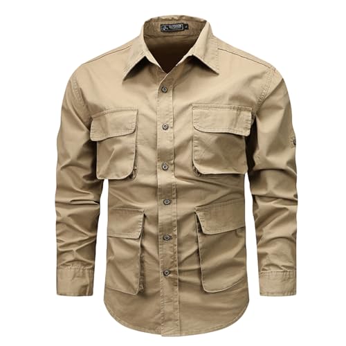 Muscularfit Cotton Shirts Jackets for Men 2024 Fashion Solid Multi Pockets Cargo T-Shirt Casual Long Sleeve Button Sweatshirt
