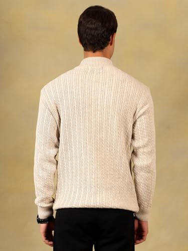 Image of Kvetoo Men's Full Sleeve High Neck Zipper Sweater| Warm Cable Knit Quarter Zip Pullover | Wool Winter Sweater for Casual & Office Wear