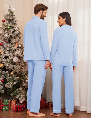 Ekouaer Couple Matching Pajamas 100% Cotton Long Sleeve Sleepwear Button Down Loungewear Pjs Set S-XXL2