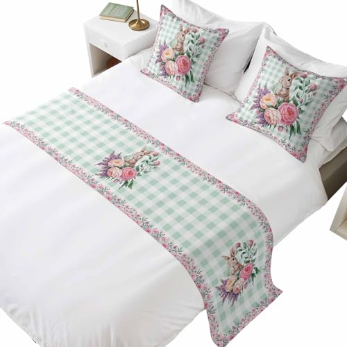 Bed Runner for Cal King Size Bed, Easter Bunny Roses