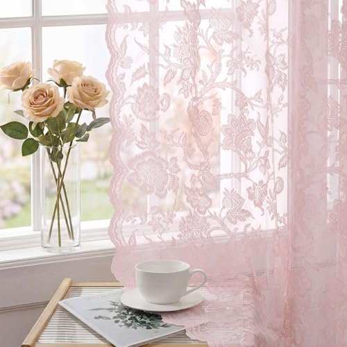 H.VERSAILTEX Vintage Lace Curtains 84 Inch Length 2 Panles Victorian Floral Pretty Elegant for Girls Room Light Filtering Privacy Semi Sheer Lace Drapes with Rod Pocket 52 W x 84 L Light Pink