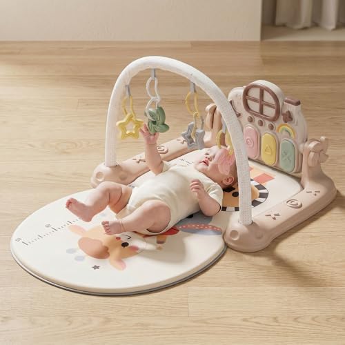 Image of Baybee 2 IN 1 Premium Play Gym for Babies I Baby Playing mat for Kids with Lights, Music & Hanging Toys I Portable Play Mat for New Born Baby with Growth Scale I Learning Baby Toys for 0 to 3 Year (Pink)