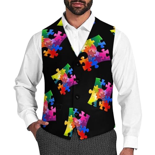 Autism Awareness Puzzle Mens Slim Fit Suit Vest Dress Waistcoat Casual Business Vest