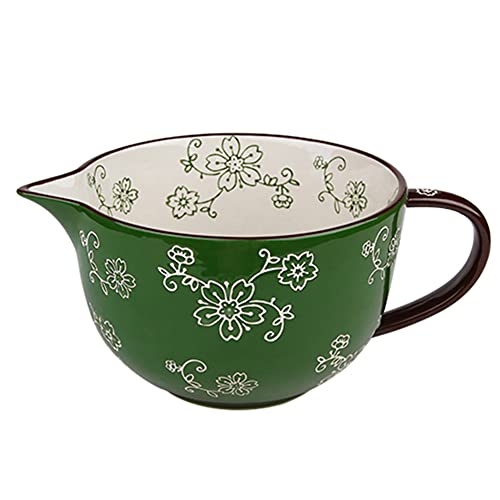 Gaolinci Cherry Blossom Pattern Kitchen Ceramic Mixing Bowl, 1 Quart Large Bowl, with Pouring Spout and Handle
