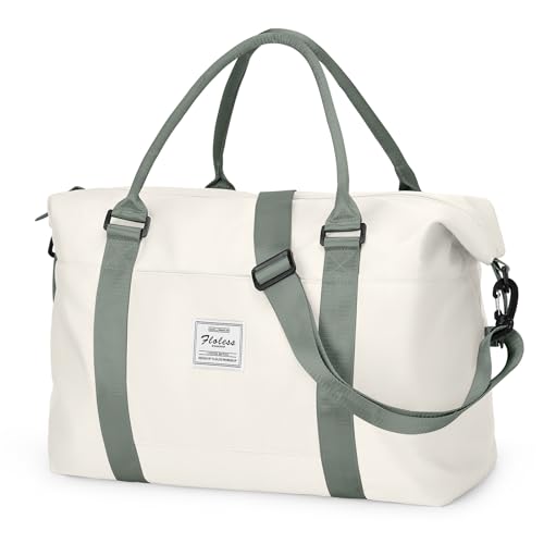 Image of Travel Duffel Bags for Women Mens Waterproof Weekender Carry on Bag Sports Gym Bag Travel Tote Bags with Wet Pocket Overnight Bag Workout Duffel Bags with Trolley Sleeve Beige with Green