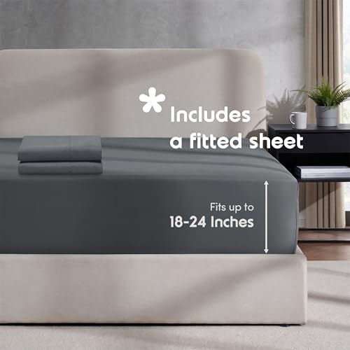 Image of Hearth & Harbor Grey Duvet Cover with Fitted Sheet Full Size | 4 Piece Soft Double Brushed Bedding Set, Button Closure, 1 Duvet Cover 80x90 Inches, 1 Fitted Sheet, 2 Pillow Shams