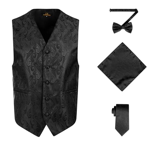 Oliver George Men's 4pc Paisley Formal Suit Waistcoat Tuxedo Dress Vest Necktie Bowtie Handkerchief Set for Suit or Tuxedo