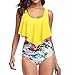 Maillot de bain pour femme, tankini à bretelles, imprimé dos nu, rayures rétro, short de bain vintage rétro dos nu froncé imprimé tournesol, jaune, S
