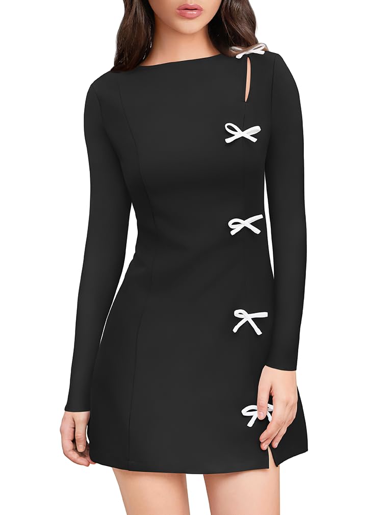 XXTAXN Womens Fall Long Sleeves Boat Neck Elegant Bow Y2k A Line Mini Dress