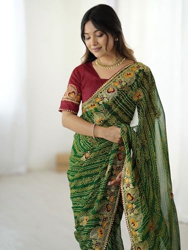Image of Satrani Women's Georgette Bandhani Printed Embroidered gota lace Saree with Unstitched Blouse Piece