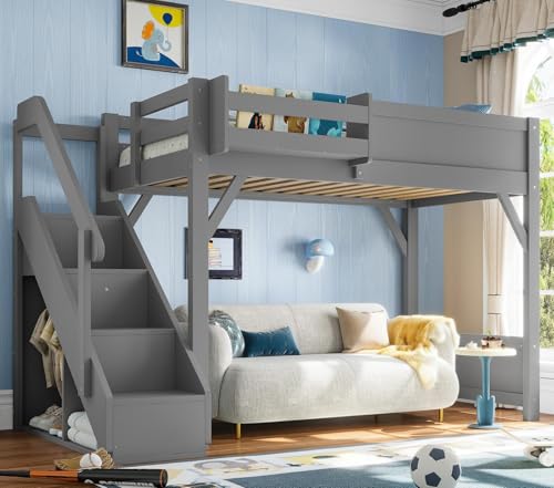 Image of KEIKI Solid Wood Twin Size Loft Bed Frame with Stairs Built-in Wardrobe | Twin Size Loft Bed with Storage Shelves, Full-length Guardrails, No Box Spring Needed for Bedroom, Dorm, Gery