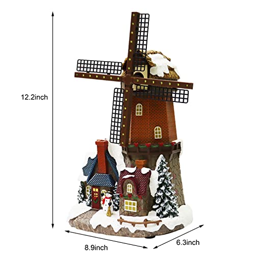 MOMENTS IN TIME Lighted Windmill Christmas Village Building LED Lights & Animation 12.2” Handcrafted House Battery Operated Holiday Decoration Gift Wrapped Ready