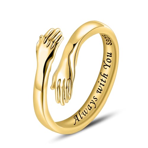 LOVECOM Graduation Gifts 14k Gold Plated Hug Rings for Women S925 Sterling Silver Adjustable Open Hands Hope Heaven Statement Ring Jewelry Birthday Gifts for Mom Wife Daughter Granddaughter Friends (Gold-Always with You US Size 7)
