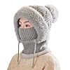 Beanie Hats for Women with Neck Warmer, Thermal Face Mask, Slouch Ajustable Knit Ladies Winter Hats Hairball, Warm Knitted Cap with Warm Fleece Linning, Balaclava Snood Hood Hat for Women