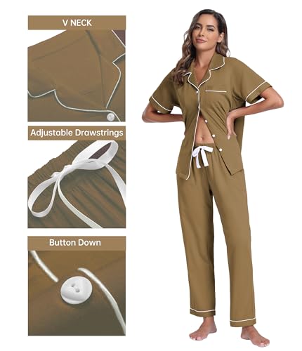 Image of CF Womens 100% Cotton Pajamas Set Button Down Pjs Sets Short Sleeve Top & Long Pants Sleepwear Comfy Loungewear with Pockets