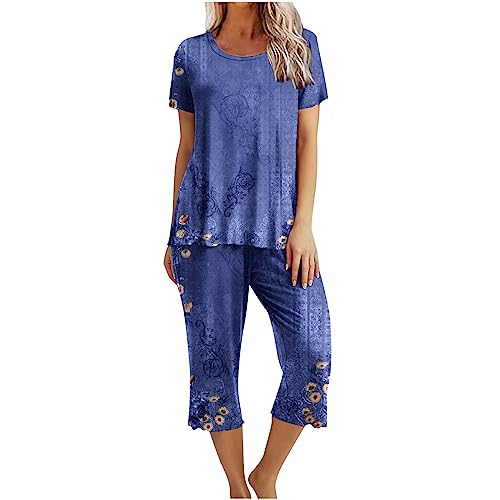 Schlafanzug Damen Kurz Sale Clearance Sommer Pyjama Set Kurzarm Shirt mit 3/4 Lange Capri Hose Zweiteiliger Leicht Printed Sleepwear Oberteil und Hose Caprihose Nachtwäsche Pjs Sets mit Taschen
