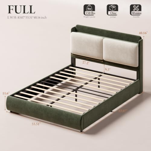 Image of Garvee Full Upholstered Bed Frame with Recessed Shelf- Green & Beige
