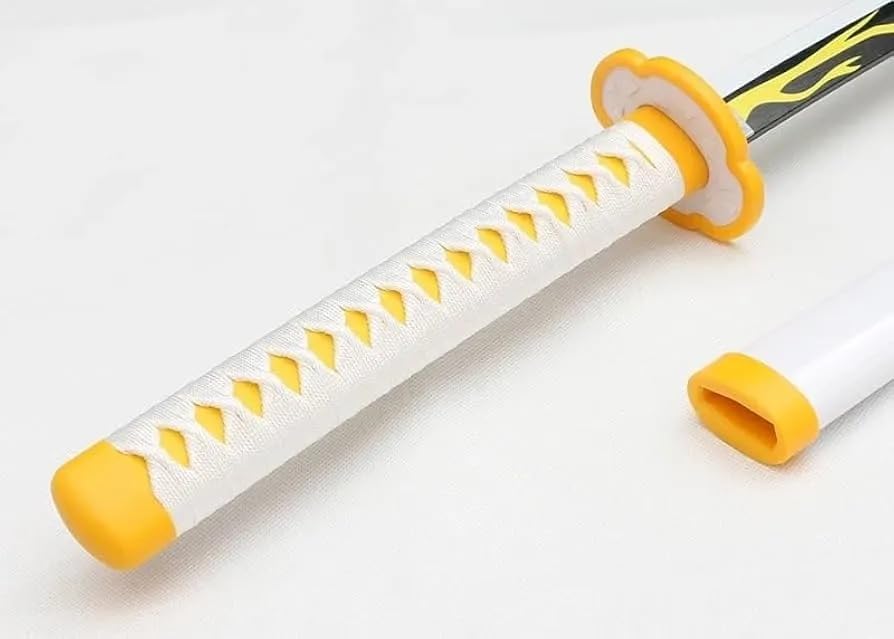 Image of Demon Slayer Zenitsu Agatsuma Katana Wooden Sword with Display Stand, Life Size Nichirin 104cm Bamboo Wood Anime Cosplay Replica Toy with Sheath, Yellow and Black Design