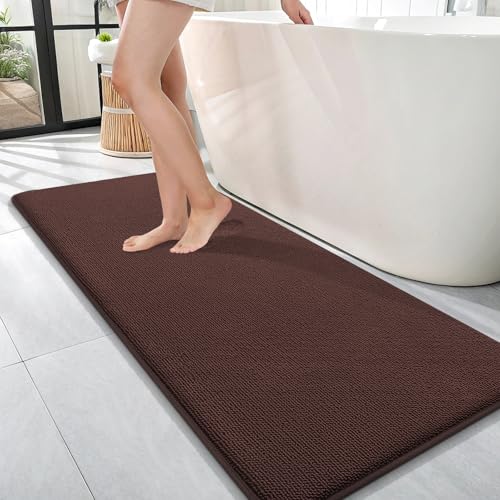 Image of OLANLY Thick Memory Foam Bathroom Runner Rugs 47x17, Extra Soft Absorbent Long Bath Rug, Quick Dry Bath Mats, Non-Slip, Machine Washable Mat for Bathroom, Tub and Shower, Home Decor Accessories, Brown
