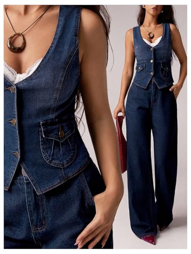 SHENHE Women's Denim Vest V Neck Button Down Y2k Sleeveless Jean Jacket Waistcoat with Pockets4
