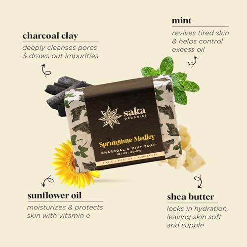 Image of Saka Organics Activated Charcoal & Mint Bath Soap with Shea Butter, Pack of 2 (120g Each) | Handmade Cold-Processed Soap | Deep Cleansing, Gentle Exfoliation & Refreshing | Sulphate & Paraben Free