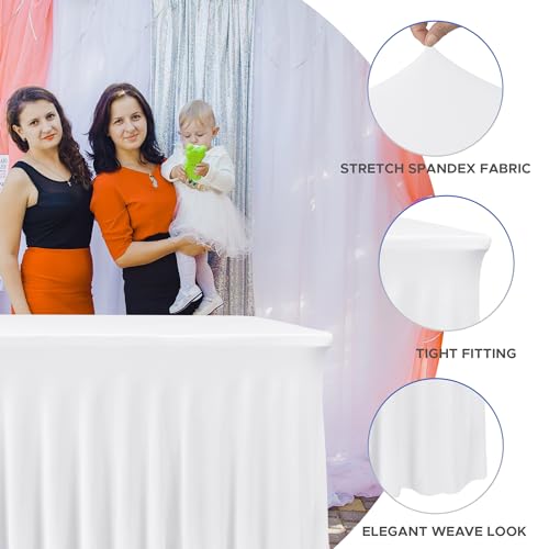 Image of White Spandex Table Skirt for 8 Foot Rectangle Tables 2 Pack 96x30 In | Stretch Fitted Table Covers, Wrinkle Free Ruffle Design Tablecloths for Wedding Banquets,Party, Banquet, Birthday, Events