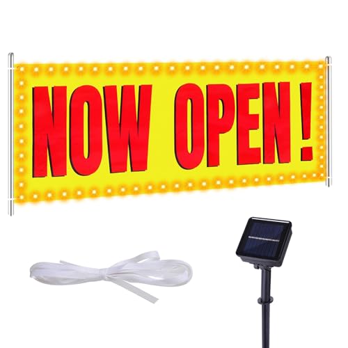 Solar Large Now Open Banner, 3x8 ft Polyester Open Sign with Warm White Led Lights, Single-Sided Outdoor Indoor Signs with Rope Metal Grommets for Business Hanging