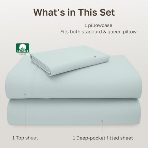 Image of California Design Den Twin Sheet Set - 100% Cotton, Luxury 600 Thread Count Deep Pocket Twin Sheets, Soft Durable Bedding with Sateen Weave - Seafoam