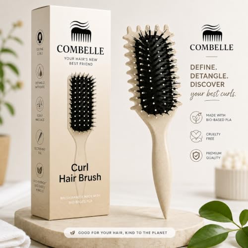 Image of Combelle 5-in-1 Curl Hair Brush | Vegan Boar Bristles | Bio-Based PLA Handle | Detangling, Defining & Frizz Control for Curly & Wavy Hair | For Men & Women - Beige