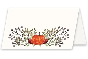 Thanksgiving Table Place Cards with Pumpkin and Fall Leaves