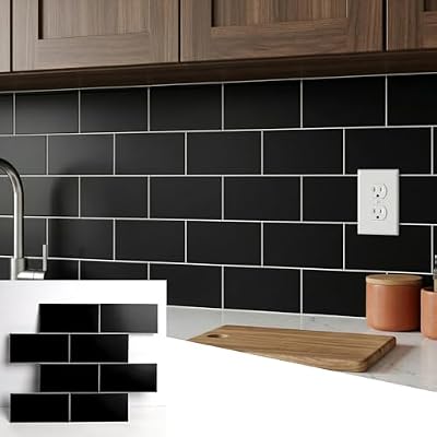 OYASIMI 10- Sheet Polished Black Peel and Stick Backsplash, 12’’Luxury Ceramic Look Self Stick Subway Tiles, Waterproof Peel and Stick Wall Tiles for Kitchen and Bathrrom