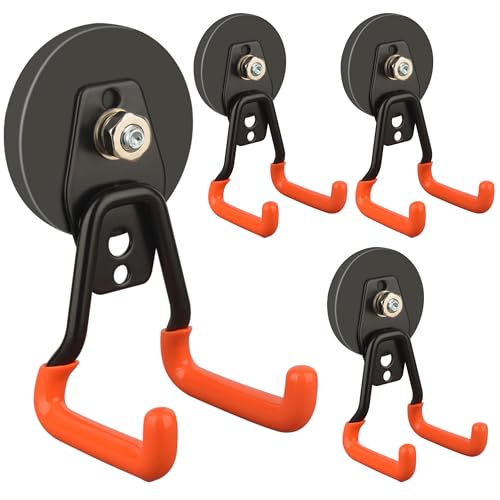 ULIBERMAGNET New Upgraded Heavy Duty Magnetic Garage Hooks 4 Pack Strong Large Magnet Hooks for Power Drill Garden Tools Hose Pegboard Garage Workshop Magnetic Storage Hook for Hanging(Orange)