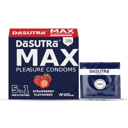 Image of Dasutra Max Pleasure Dotted Condoms For Men | 5 in 1 Multi-Textured Lubricated | Enhanced Pleasure For Both | 3 in Each Pack (Strawberry, Pack of 10)