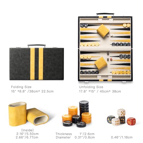 Lingle 15inch Backgammon Sets for Adults, Classic Backgammon Board with Unique Checkers Dice, Faux Leather Exterior and Velvet Interior, Portable Backgammon Travel Set (Black) - image 4