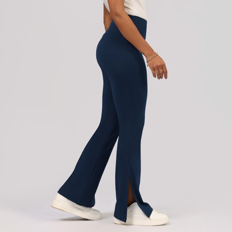 Image of BlissClub Women's Comfort Fit Mid Rise Ultimate Slit Flare Pants - Lite Tall |Above 5'5 | Stylish Slits | Stretchy | Comfortable | Back Pocket