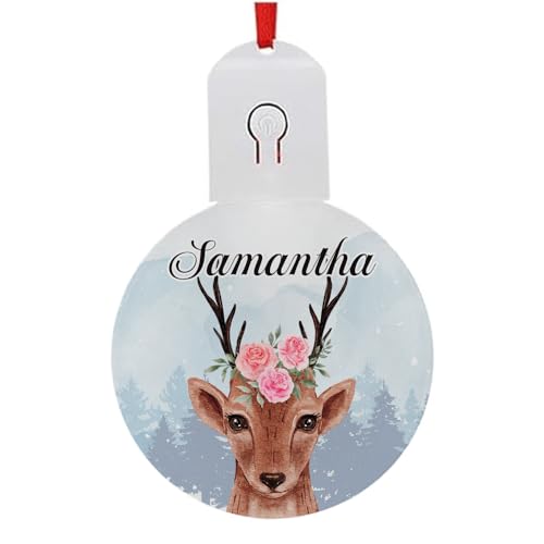 Image of Personalized Christmas Deer With Name, Reindeer, Christmas Tree Ornament, Christmas Led Baubles, Acrylic Round LED Light Comes With battery, With Multi Color Settings.