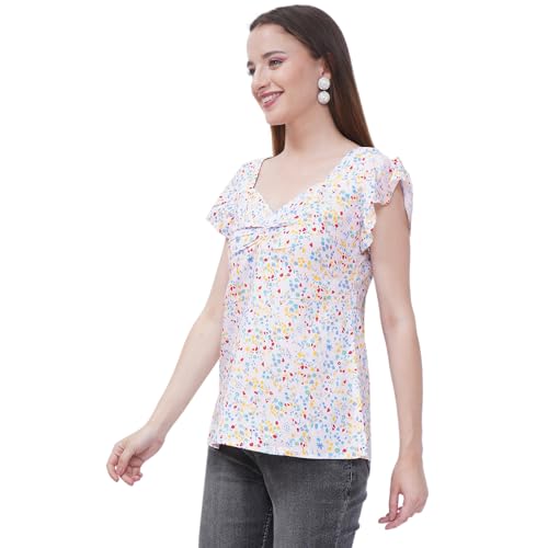 Image of Women Floral Printed Top | Short Sleeve Casual Summer Wear | Soft Breathable Fabric | Stylish Regular Fit Tunic for Women & Girls