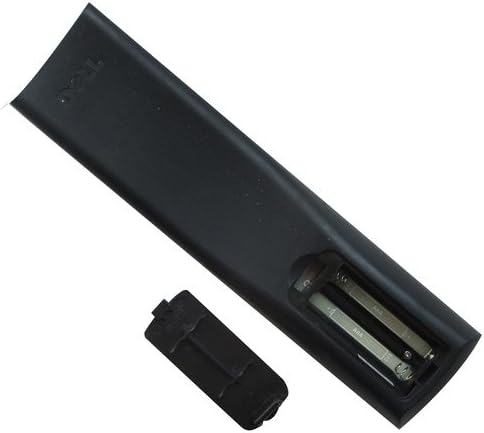 Back of remote control with battery compartment open, showing two AAA battery slots.