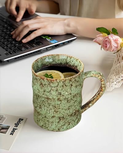 Taza de café grande cerámica 26oz con tapa y asa verde miniatura 4