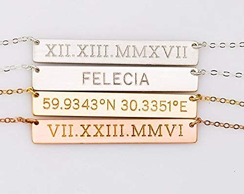 Miniatura 6 de Roman Numeral Bar Necklace, Coordinates Jewelry, 1.5" Horizontal Name Plate Necklace in 14K Gold Fill, 925 Sterling Silver, 14K Rose Gold fill,