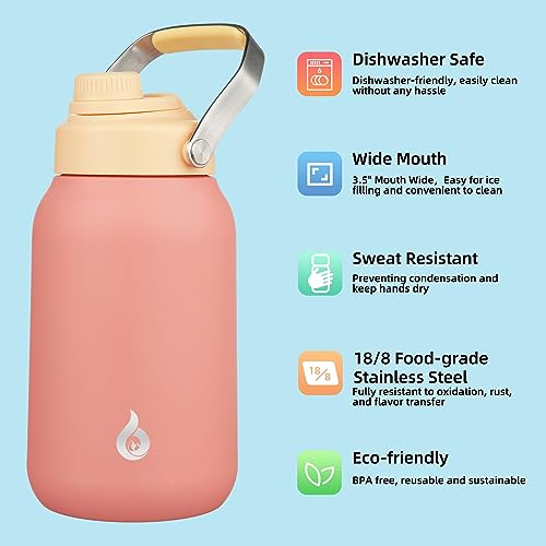 Image of BJPKPK Half Gallon Insulated Water Bottles, 64oz Water Jug with Metal Handle & BPA Free Spout Lid, Dishwasher Safe Flasks, Large Stainless Steel Gym Sport Jugs, Pink